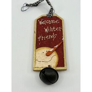 Tii Collections Welcome‎ Winter Friends Snowman Bell Rustic Wood Tag Holiday
